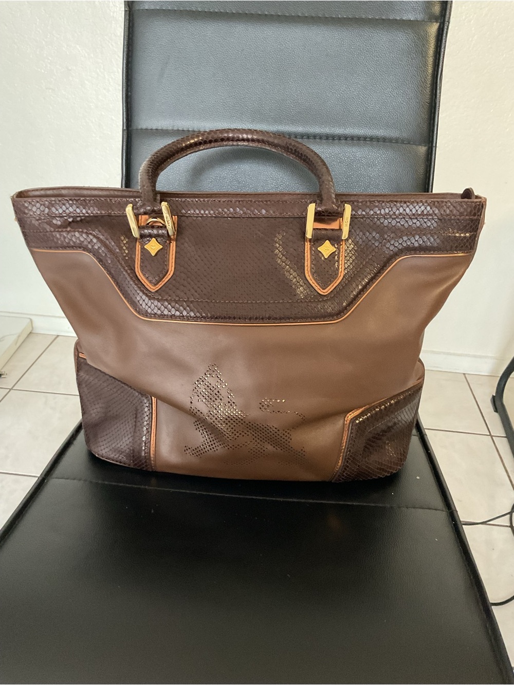 MCM Brown Leather & Snakeskin Tote with Gold Hardware, limited edition